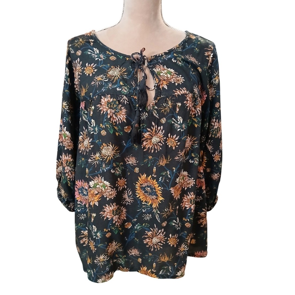 Natural Life Dark Floral Print Long Sleeve Tunic Top Women's Tie Neck Boho